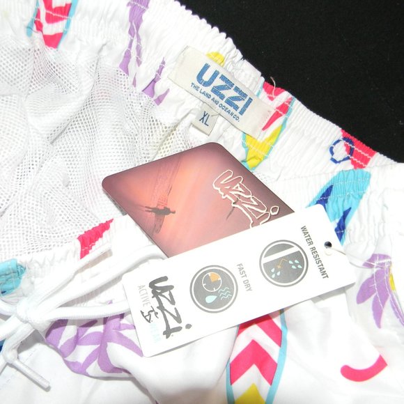 Uzzi Men's Swimsuit Swim Trunks White Blue Neon Pink Retro Pattern NWT - Picture 3 of 3